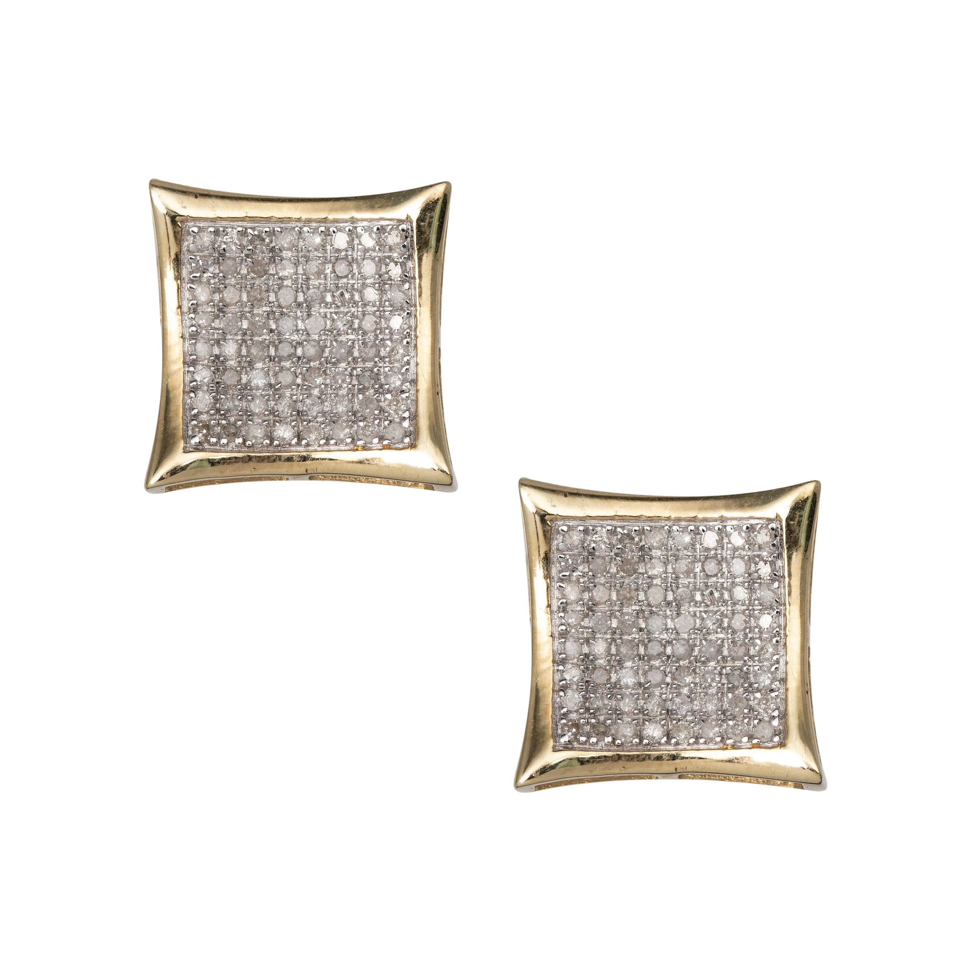 Men's Frame Concave Square Micro-Pavé Diamond Stud Earrings 0.51ct 10K Yellow Gold