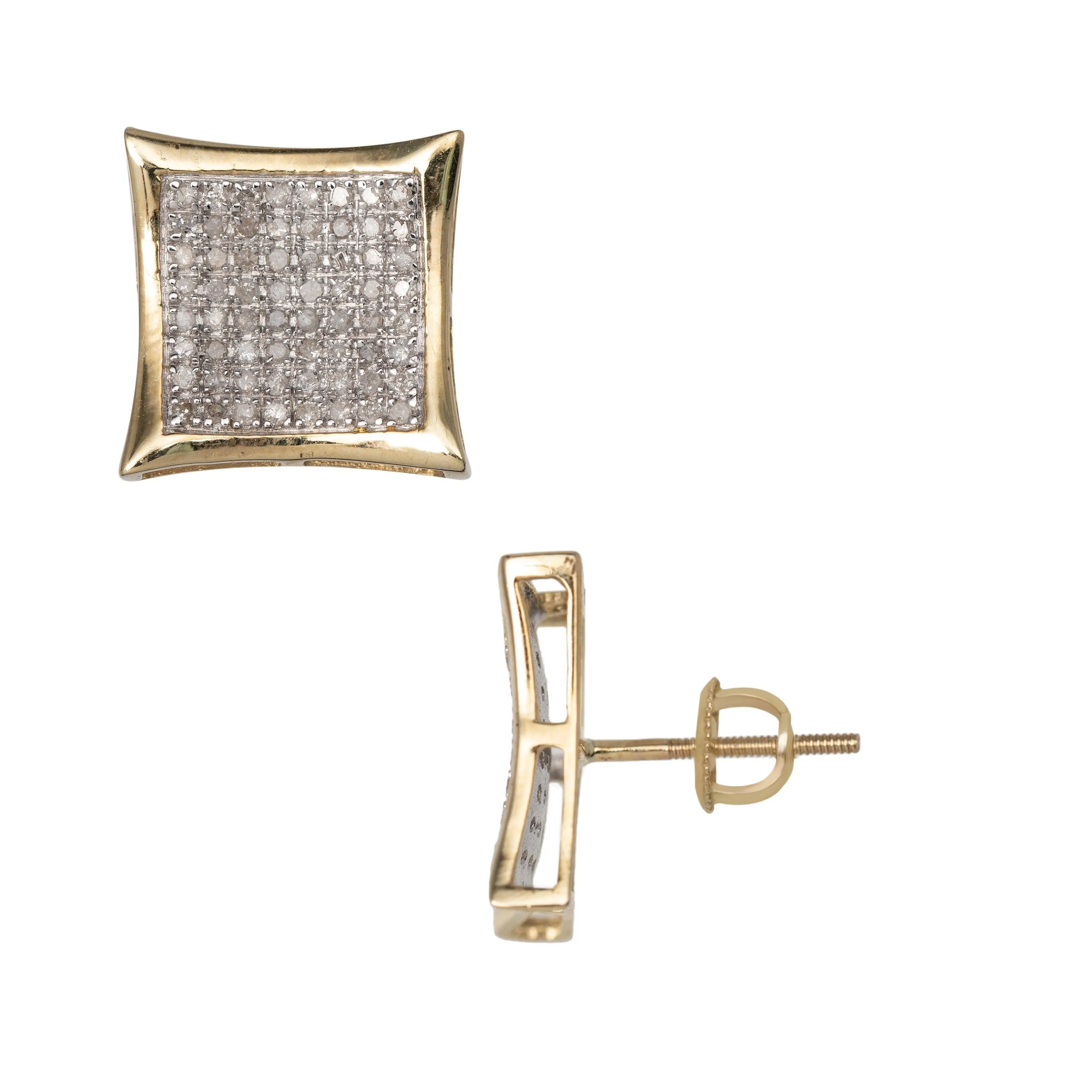 Men's Frame Concave Square Micro-Pavé Diamond Stud Earrings 0.51ct 10K Yellow Gold