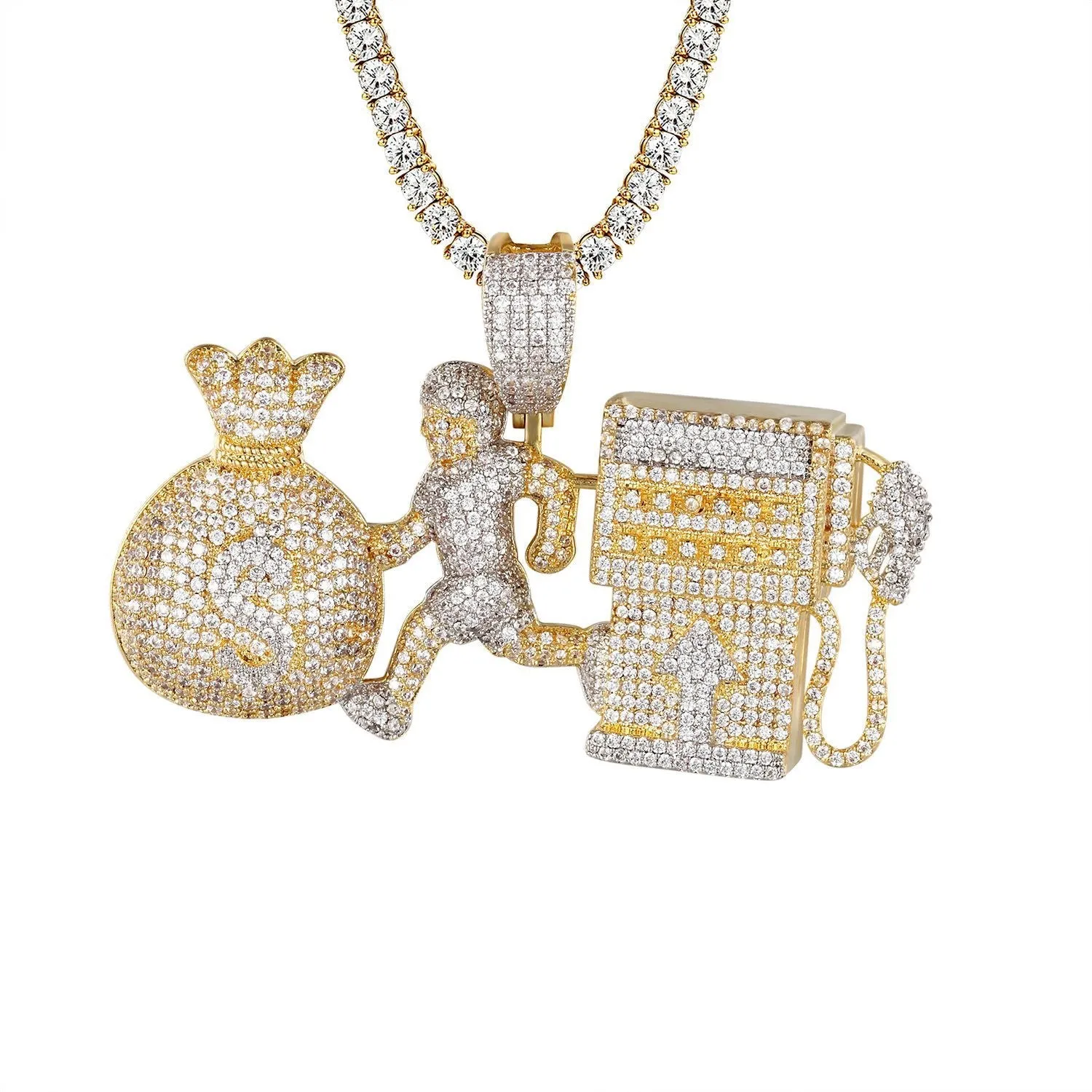 Mens Gas Fuel Emoji Chasing Money Bag Pendant Gold Finish Chain Charm Set