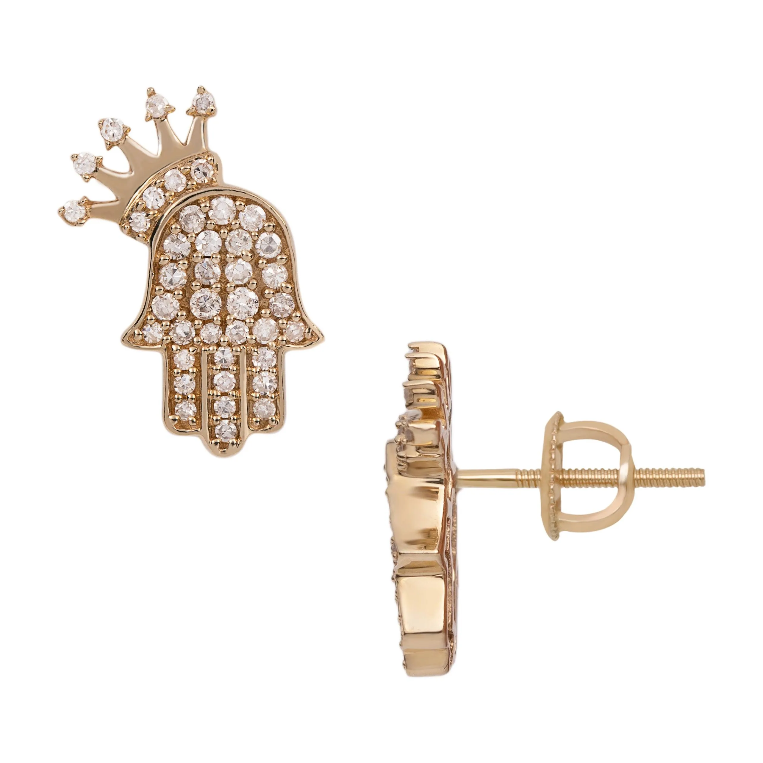 Men's Hamsa Crown Diamond Stud Earrings 0.61ct 14K Yellow Gold