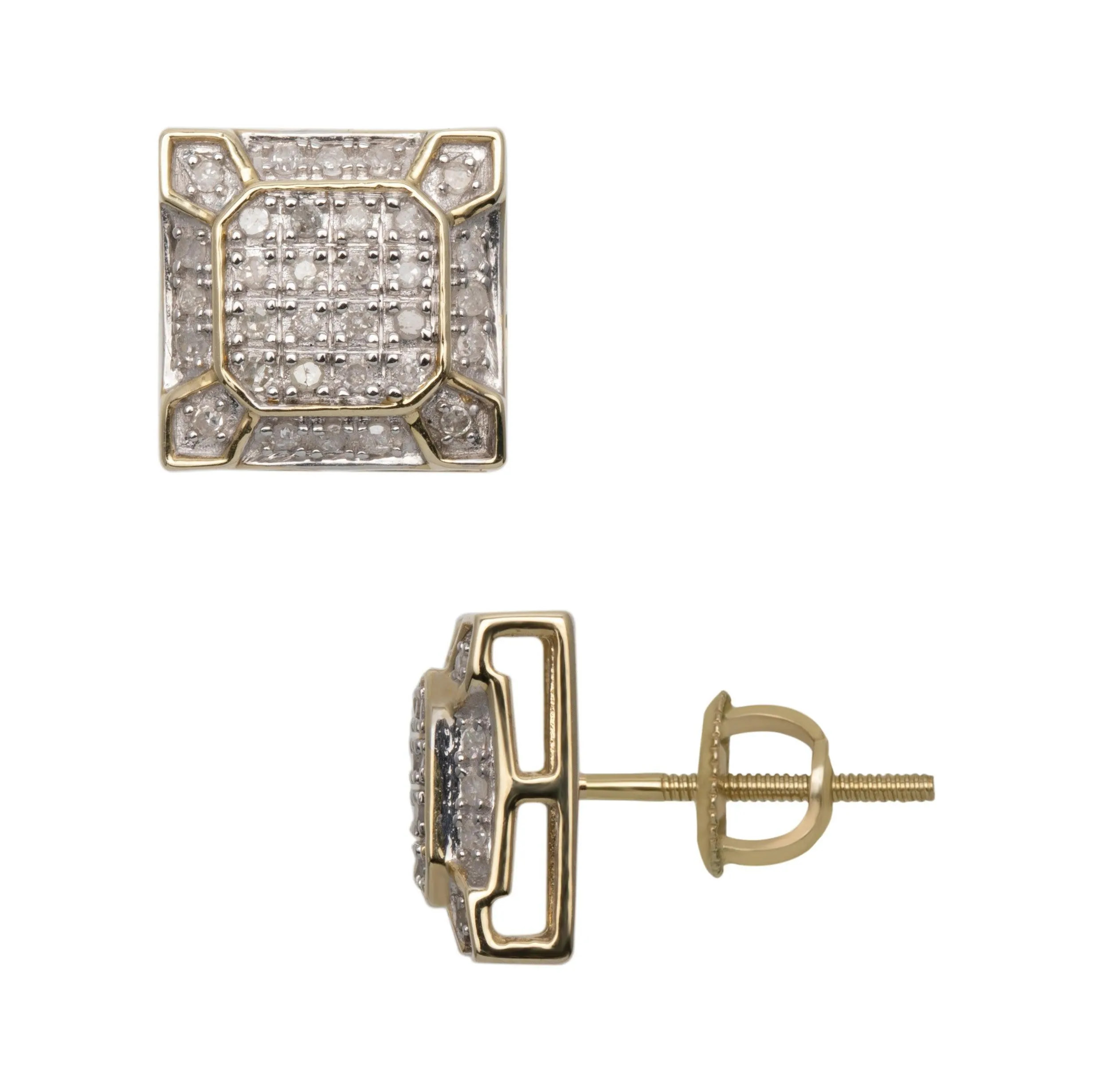 Men's Micro-Pavé Octagonal Design Square Diamond Stud Earrings 0.30ct 10K Yellow Gold