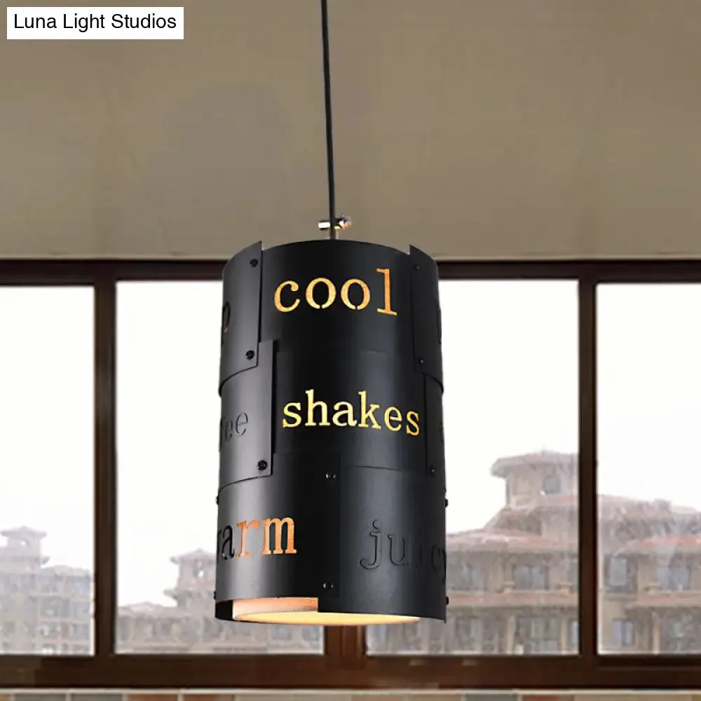 Mini Spliced Column Beer Bar Hanging Lamp - Artistic Metallic Single Black Ceiling Pendant with Script