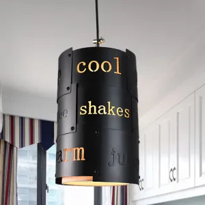 Mini Spliced Column Beer Bar Hanging Lamp - Artistic Metallic Single Black Ceiling Pendant with Script