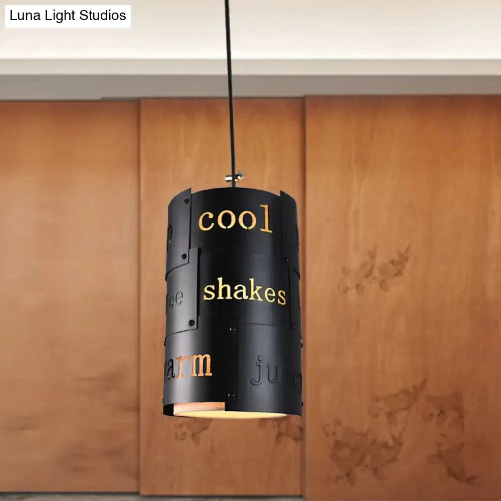 Mini Spliced Column Beer Bar Hanging Lamp - Artistic Metallic Single Black Ceiling Pendant with Script