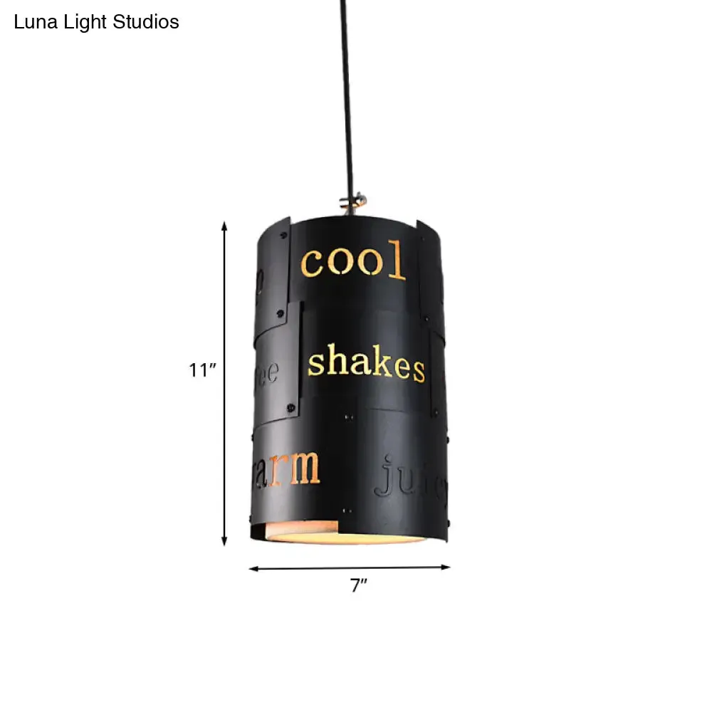 Mini Spliced Column Beer Bar Hanging Lamp - Artistic Metallic Single Black Ceiling Pendant with Script