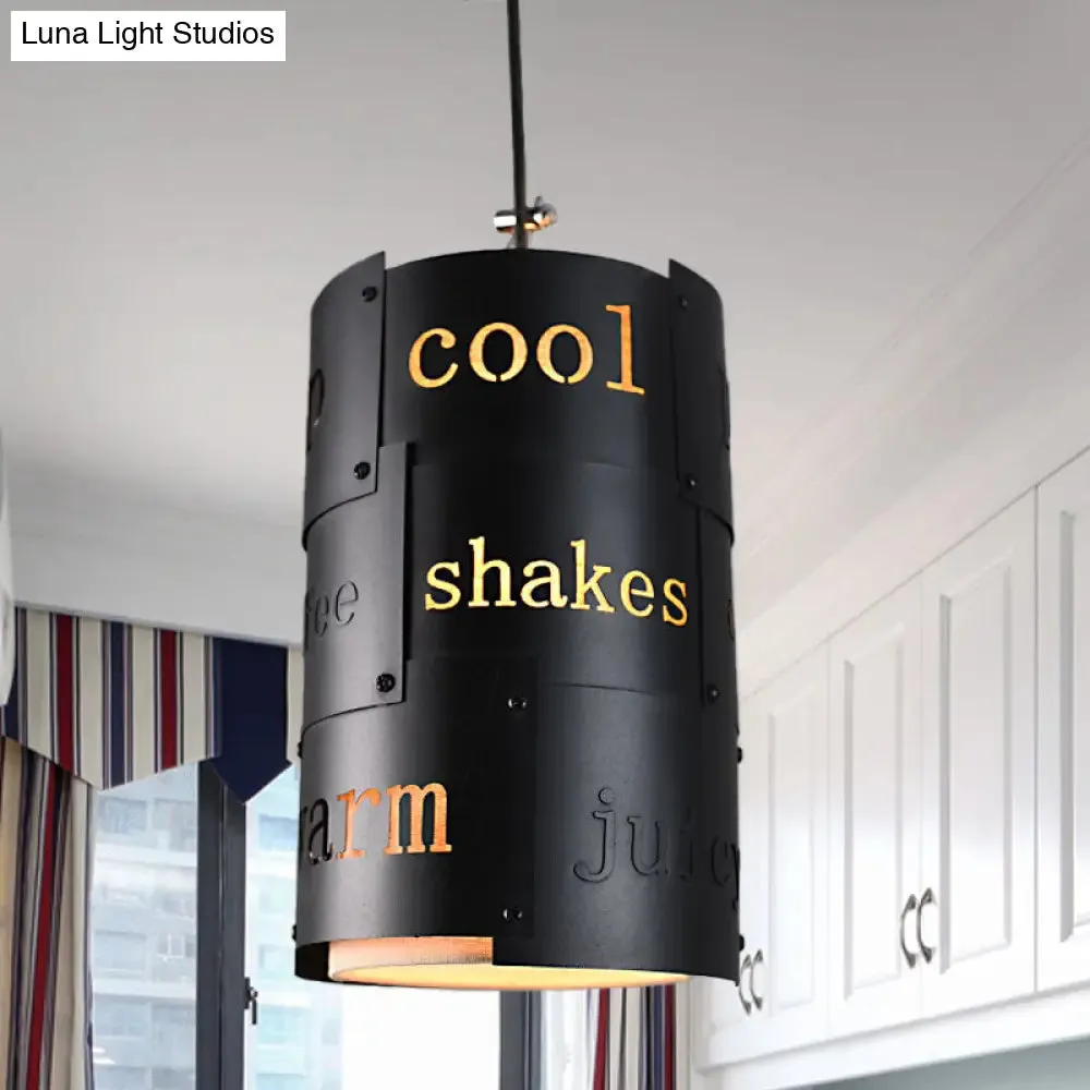 Mini Spliced Column Beer Bar Hanging Lamp - Artistic Metallic Single Black Ceiling Pendant with Script