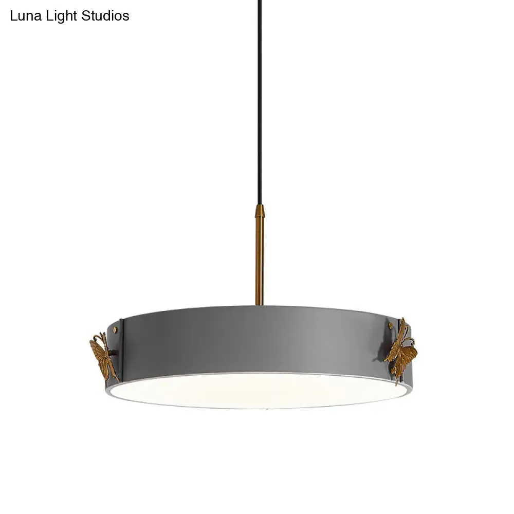 Minimalist Acrylic LED Drum Pendant Lamp with Grey Finish - Stylish Hanging Light Fixture with Butterfly Design