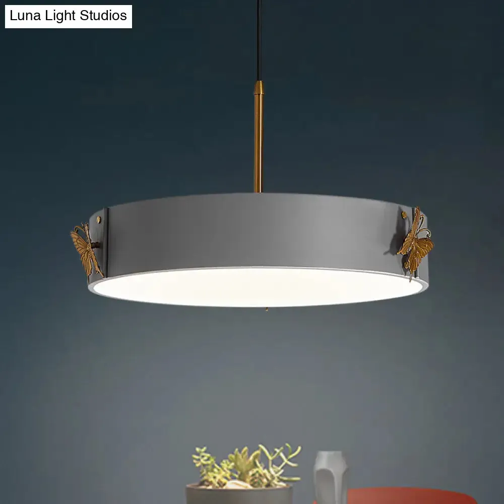 Minimalist Acrylic LED Drum Pendant Lamp with Grey Finish - Stylish Hanging Light Fixture with Butterfly Design