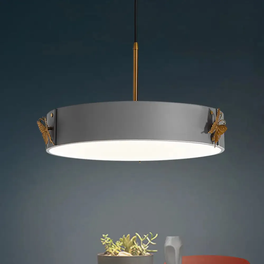 Minimalist Acrylic LED Drum Pendant Lamp with Grey Finish - Stylish Hanging Light Fixture with Butterfly Design