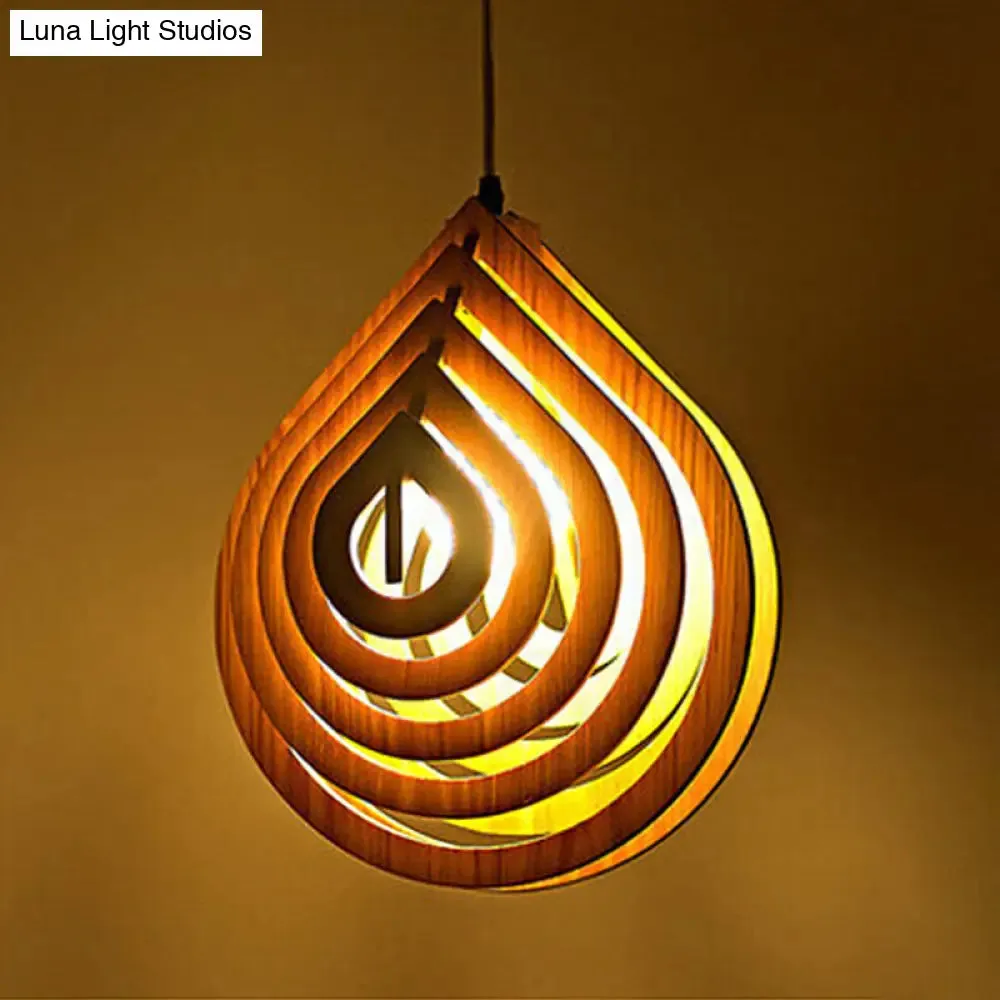 Modern Wood Droplet Pendant Light - Beige Bedside Down Lighting