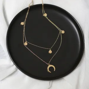 Moon and Stars Charm Pendant Double Chain Necklace 14K Gold Plated Layered Gift Pouch