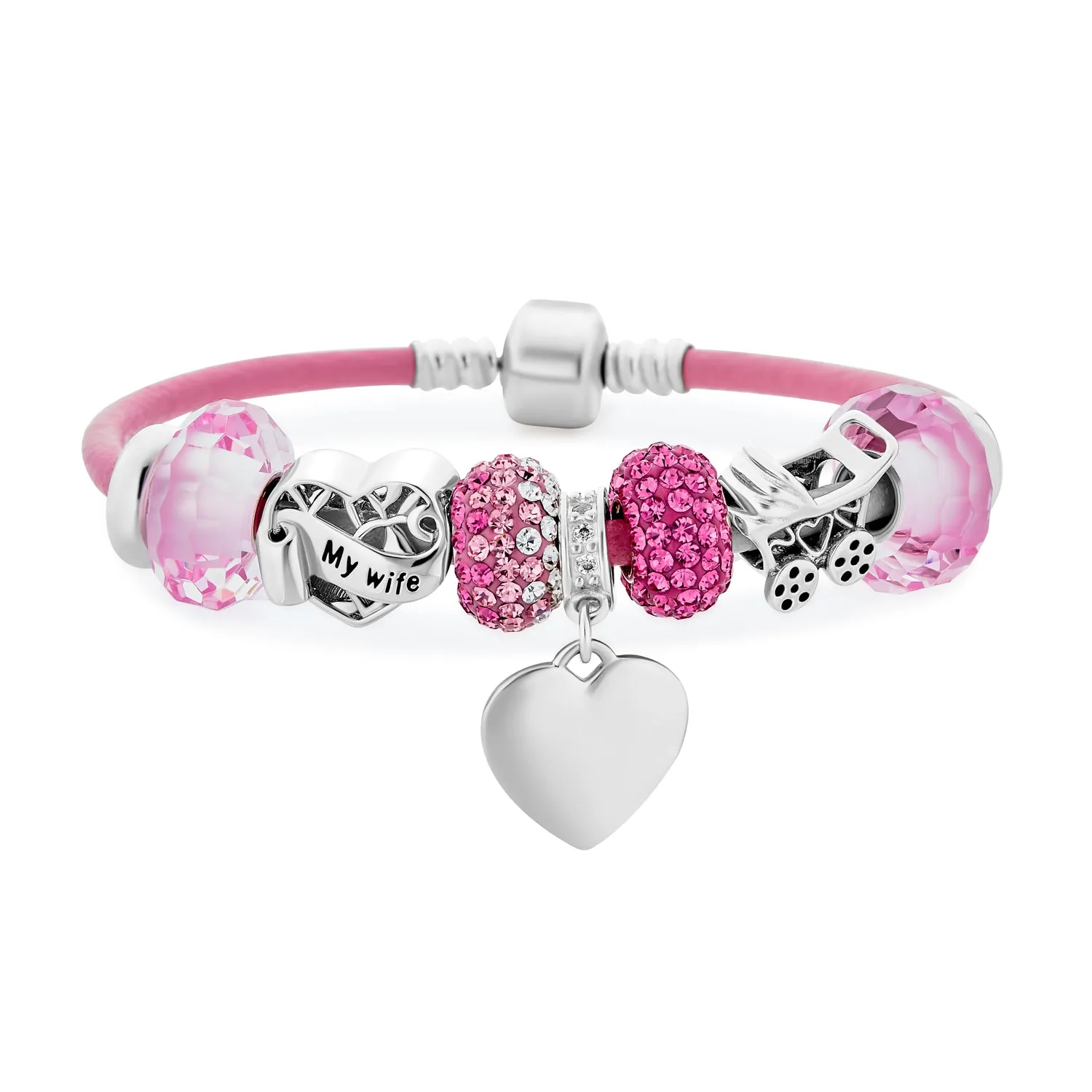 My Wife Heart Charm Bracelet Pink Leather Sterling Silver Beads 6.5-8.5 Inch