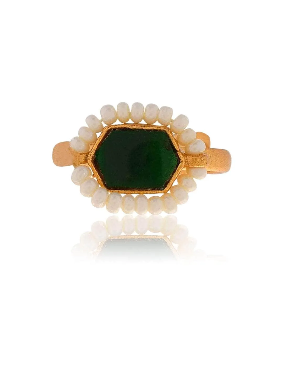 Oblong Kundan Pearl Ring Dark Green