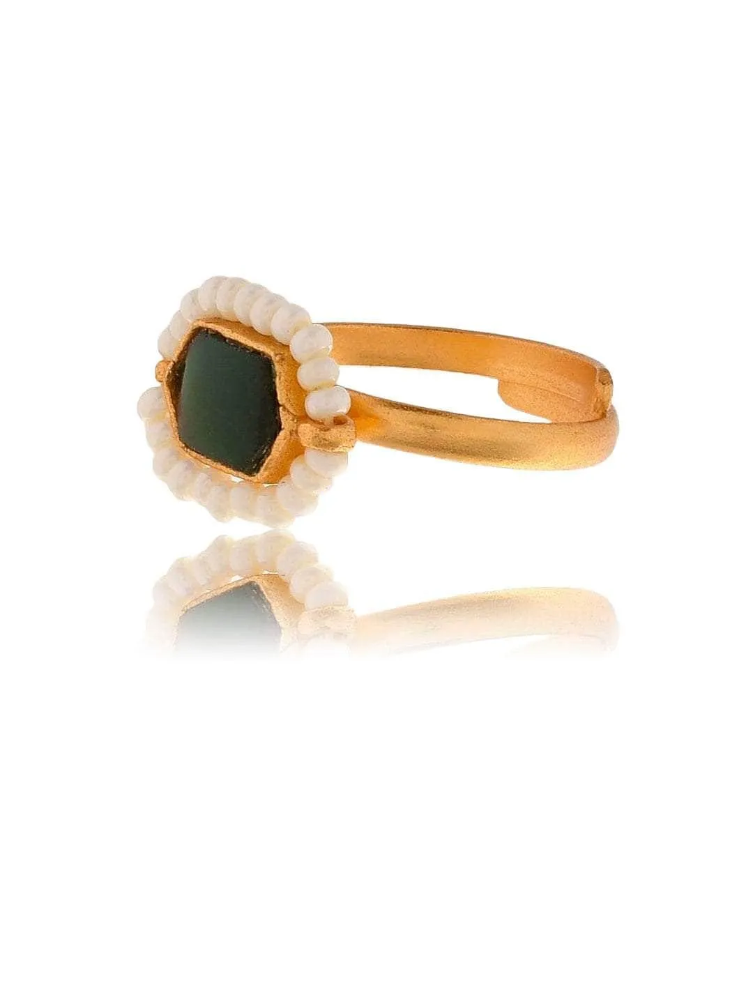 Oblong Kundan Pearl Ring Dark Green