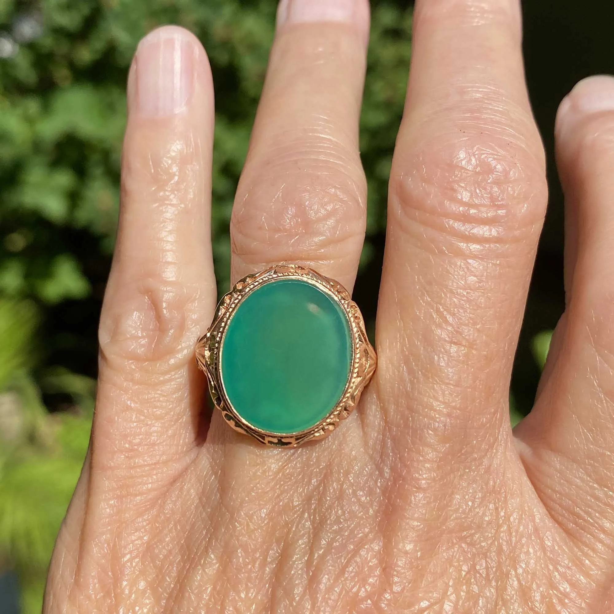 ON HOLD Bold 14K Gold Cabochon Green Chrysoprase Ring