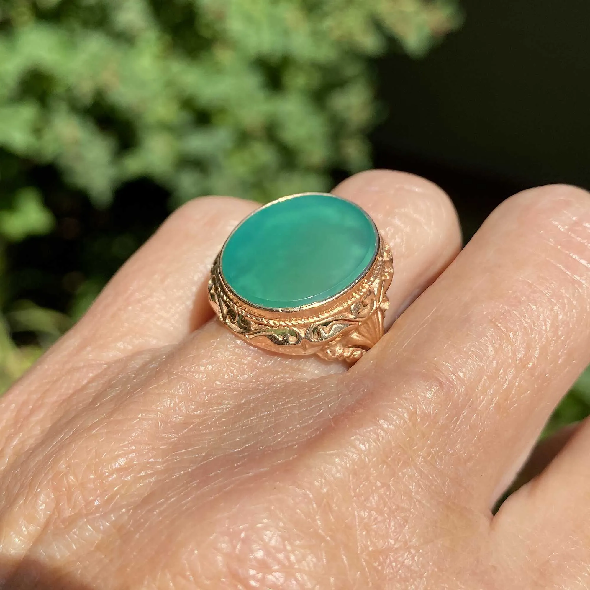 ON HOLD Bold 14K Gold Cabochon Green Chrysoprase Ring