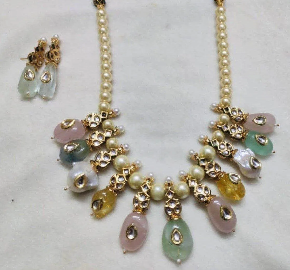 Pearl Split Multi Stone Simple Necklace