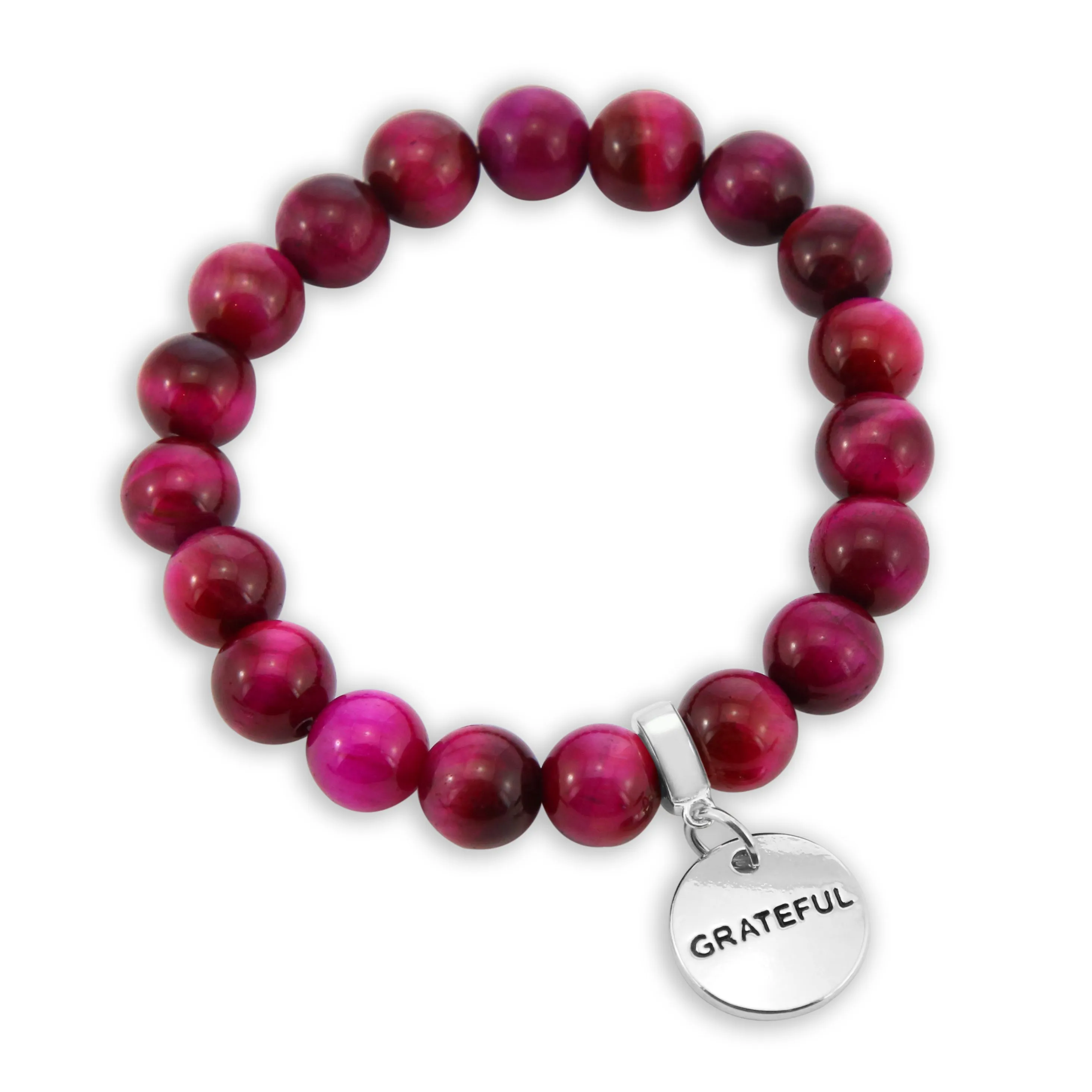 Precious Stone Bracelet - Bright Fuchsia Tigers Eye 10mm Beads - with Silver Word Charms