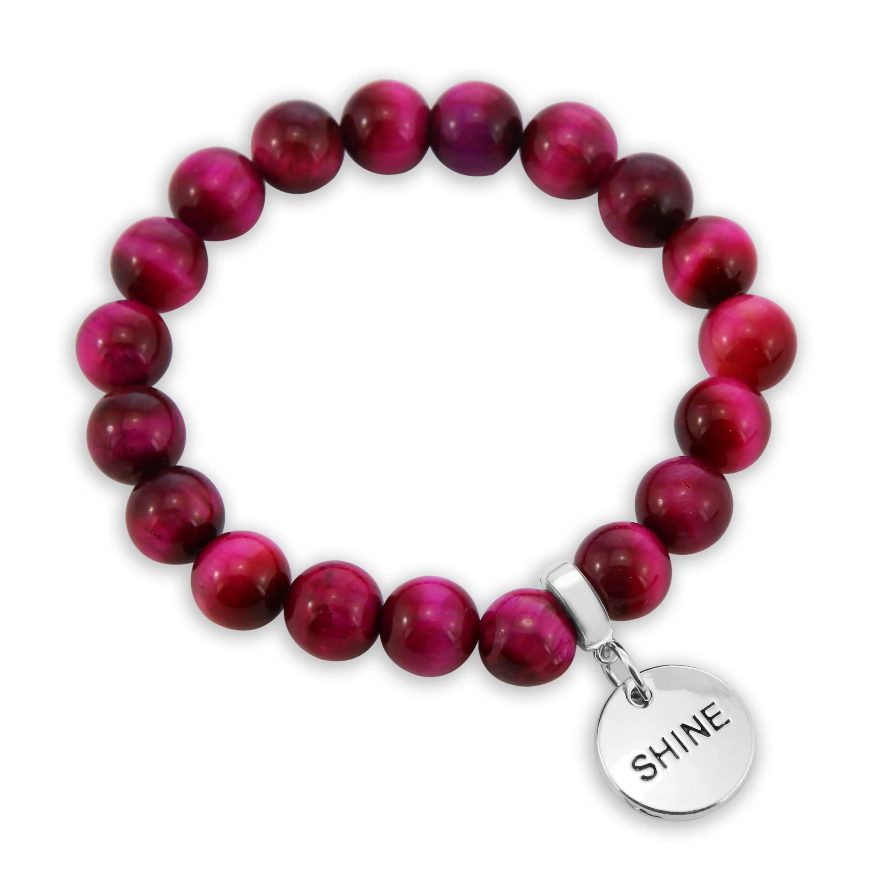 Precious Stone Bracelet - Bright Fuchsia Tigers Eye 10mm Beads - with Silver Word Charms