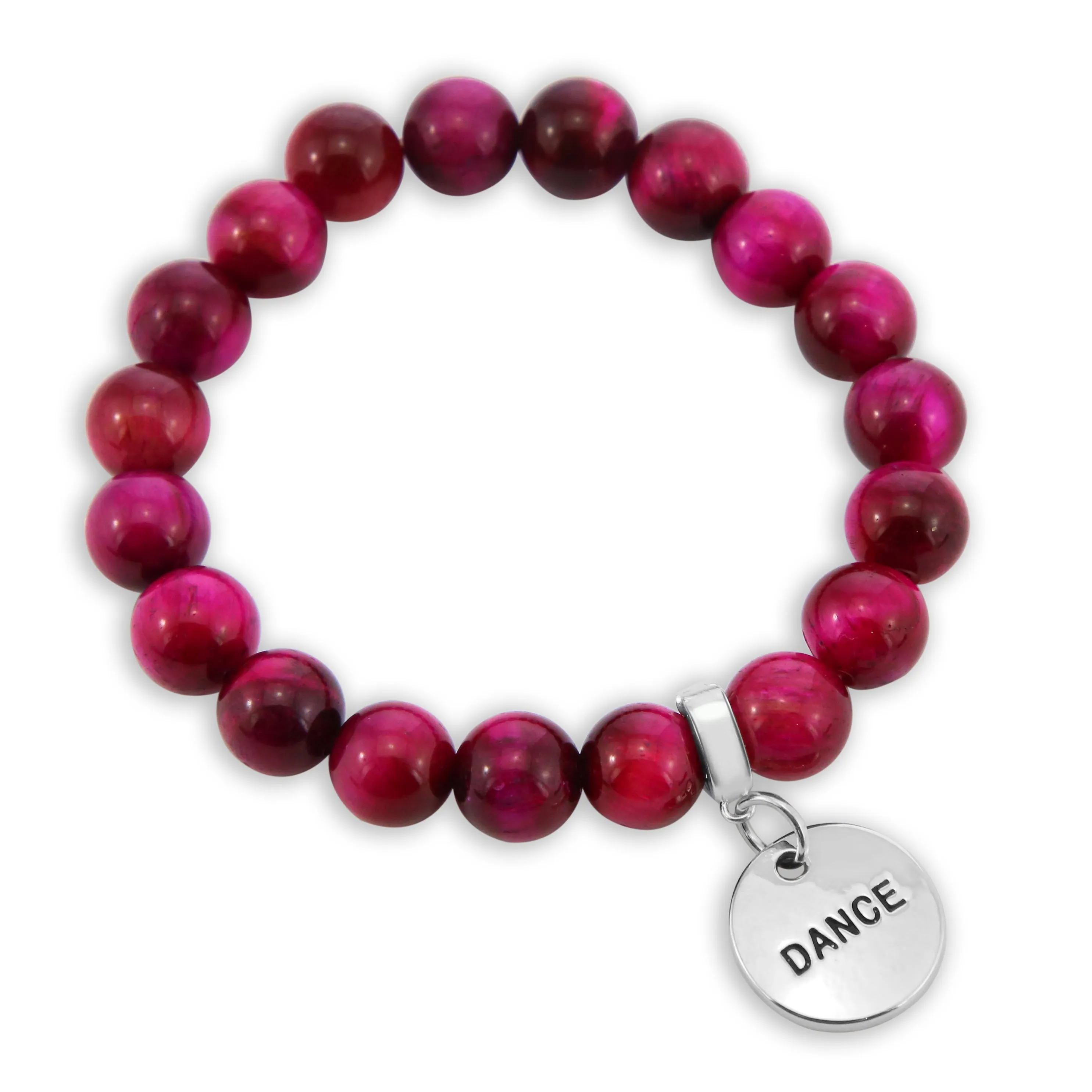 Precious Stone Bracelet - Bright Fuchsia Tigers Eye 10mm Beads - with Silver Word Charms