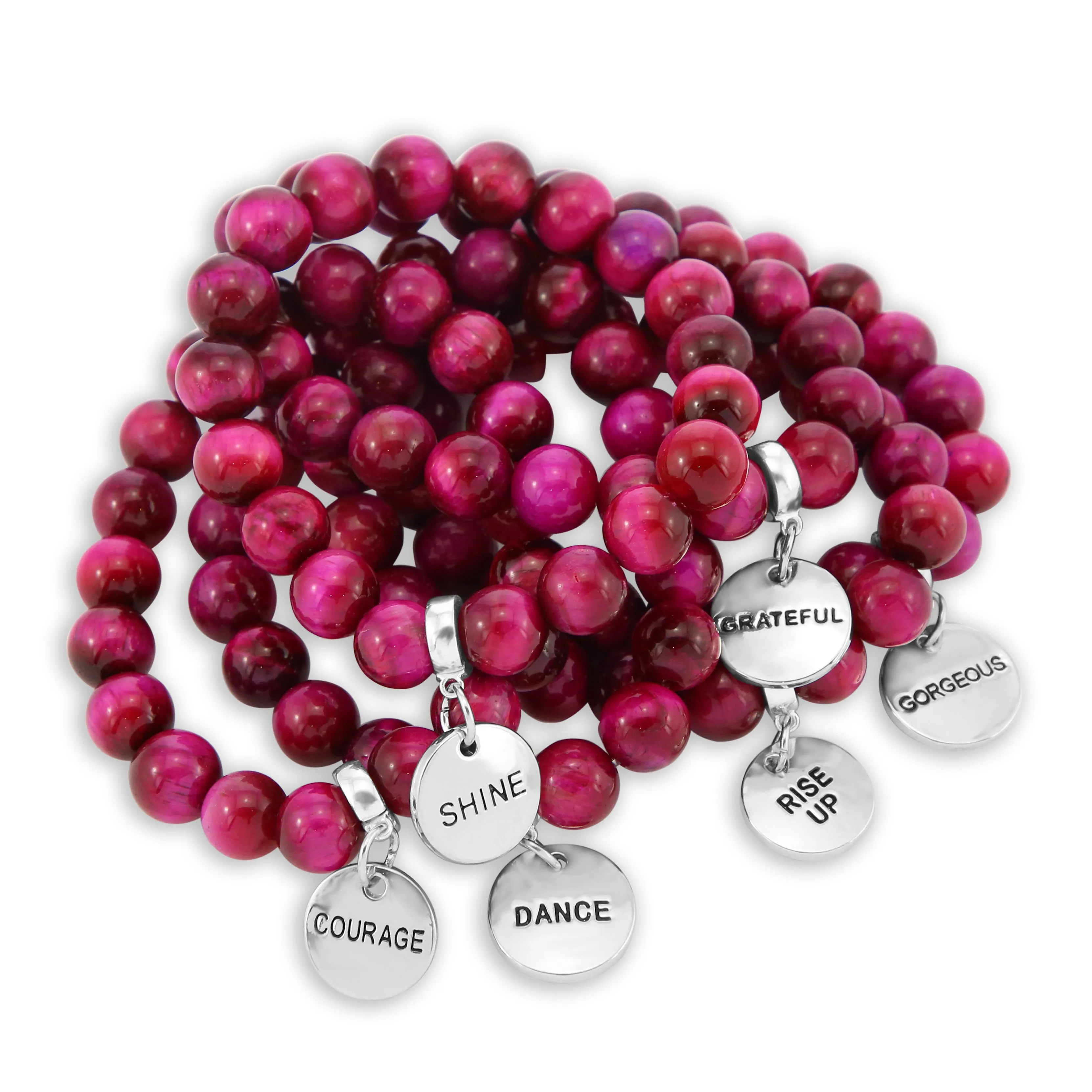 Precious Stone Bracelet - Bright Fuchsia Tigers Eye 10mm Beads - with Silver Word Charms