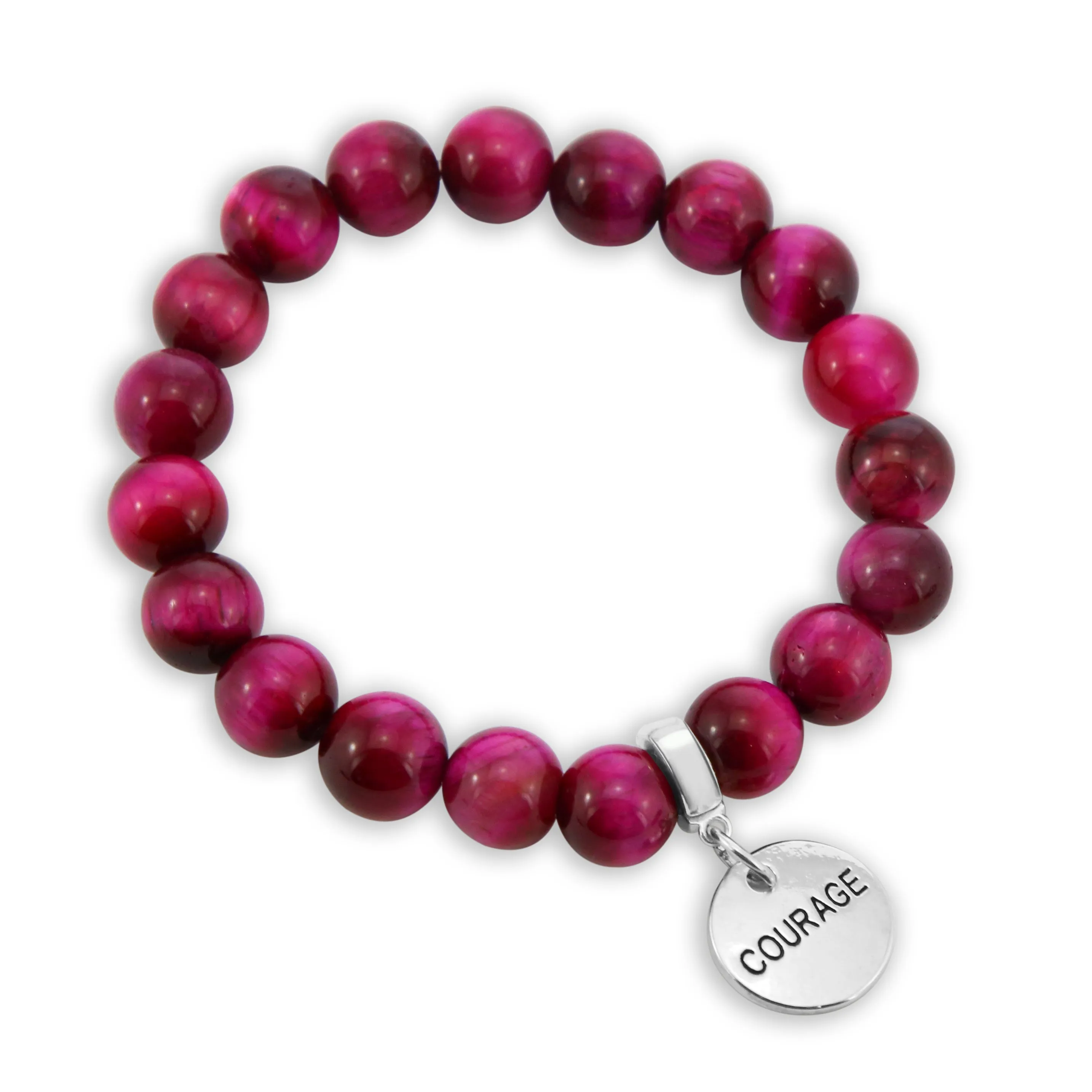 Precious Stone Bracelet - Bright Fuchsia Tigers Eye 10mm Beads - with Silver Word Charms