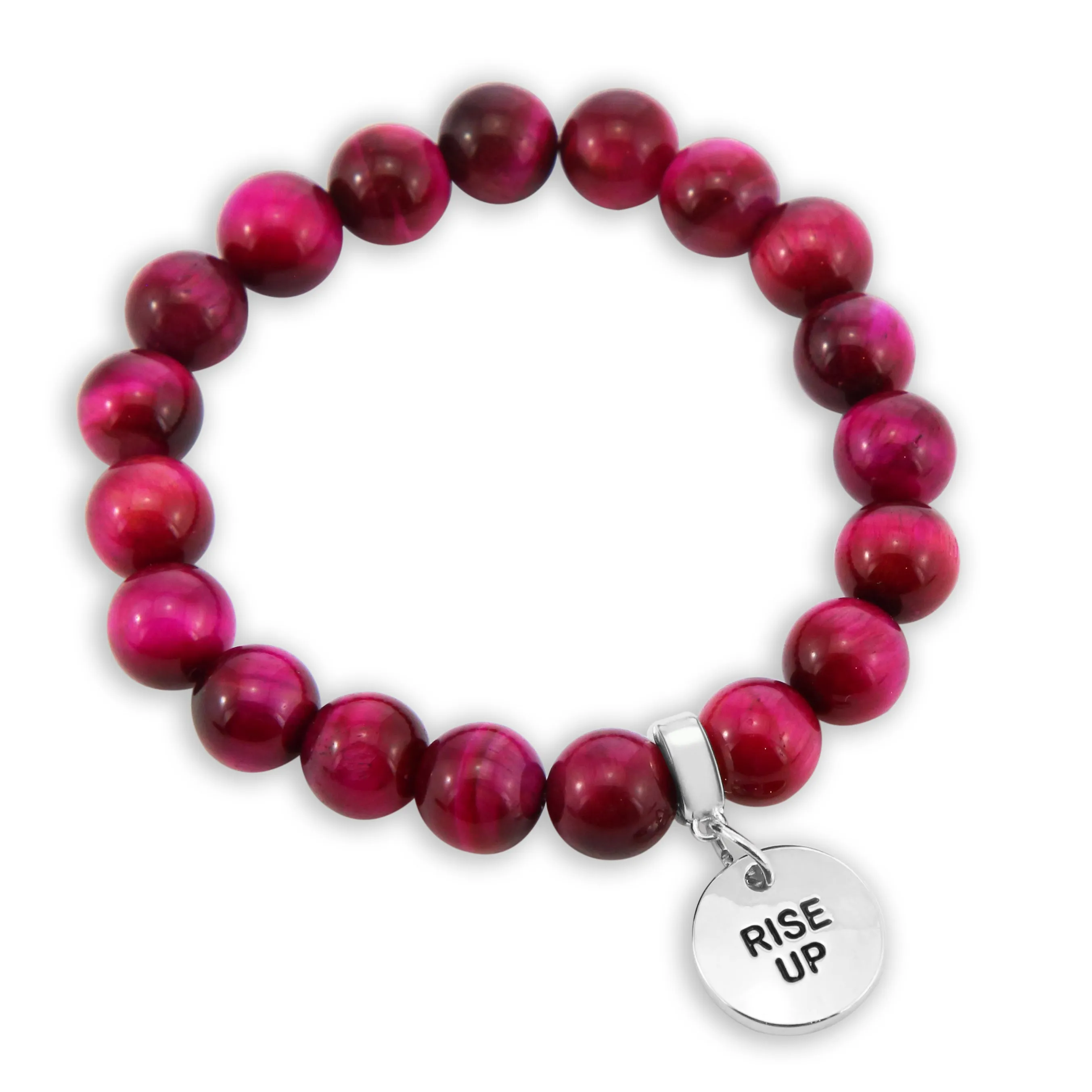 Precious Stone Bracelet - Bright Fuchsia Tigers Eye 10mm Beads - with Silver Word Charms