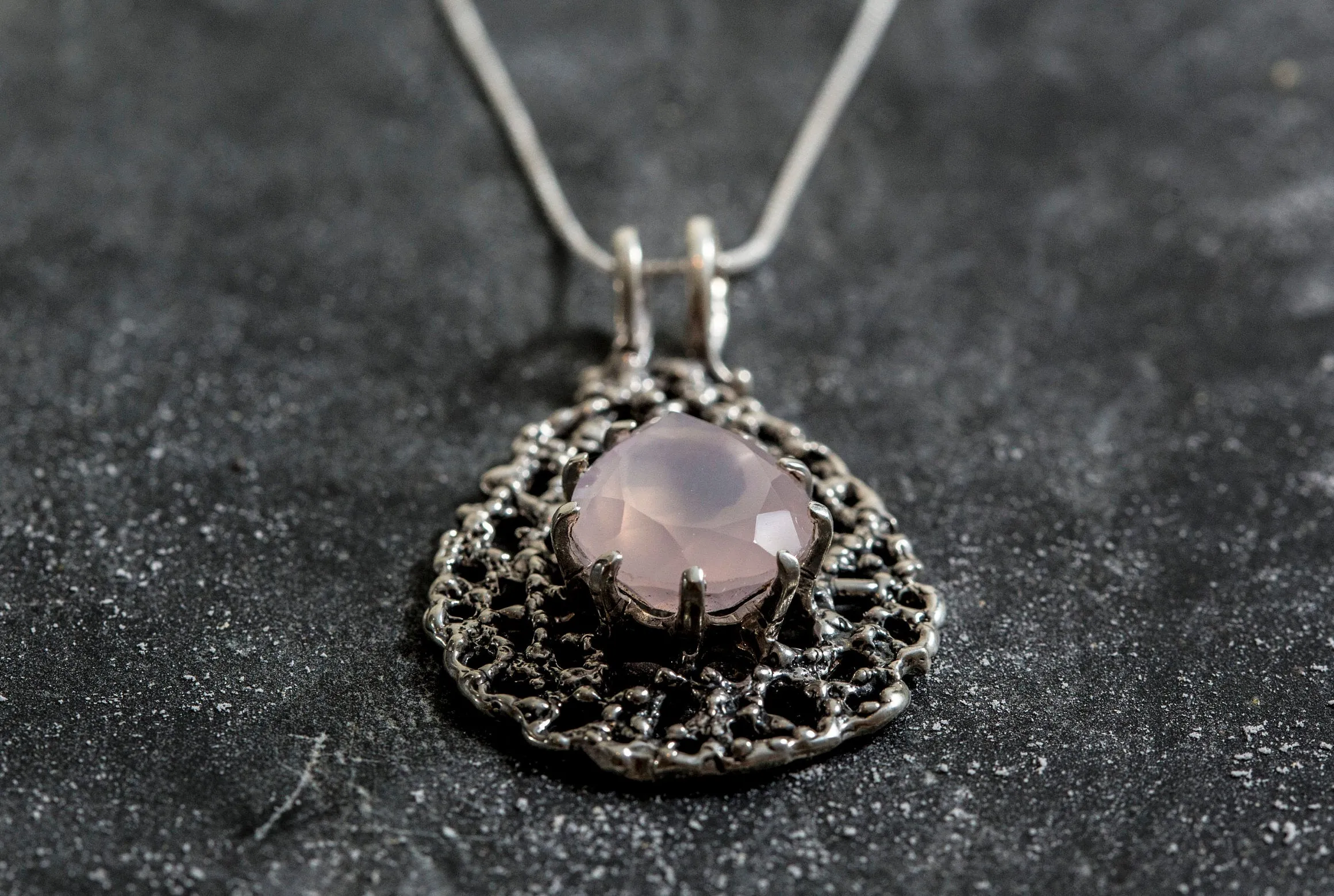 Rose Quartz Pendant - Large Quartz Necklace - Teardrop Statement Necklace -