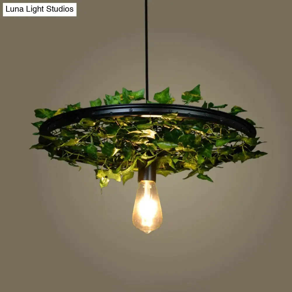 Rustic Wagon Wheel Pendant Light with Iron Suspension and Artistic Plant Design