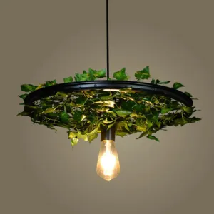 Rustic Wagon Wheel Pendant Light with Iron Suspension and Artistic Plant Design