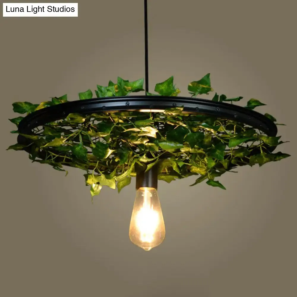 Rustic Wagon Wheel Pendant Light with Iron Suspension and Artistic Plant Design