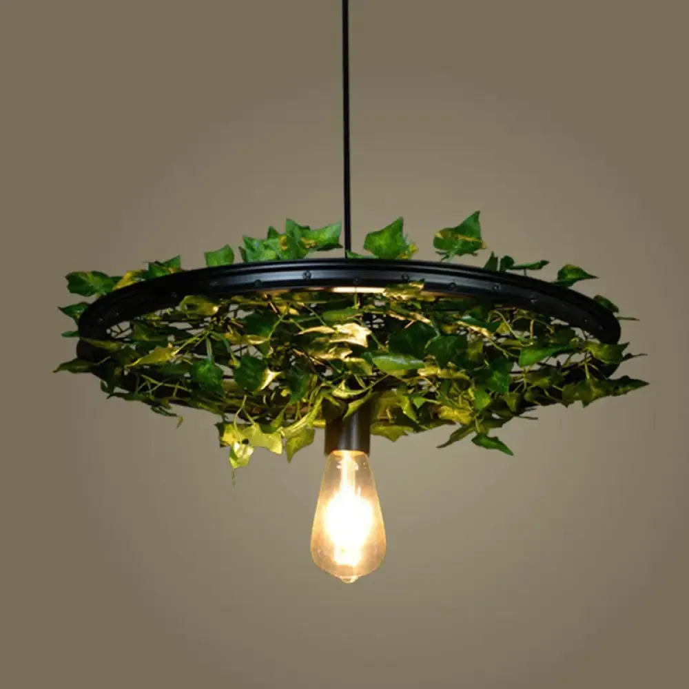 Rustic Wagon Wheel Pendant Light with Iron Suspension and Artistic Plant Design