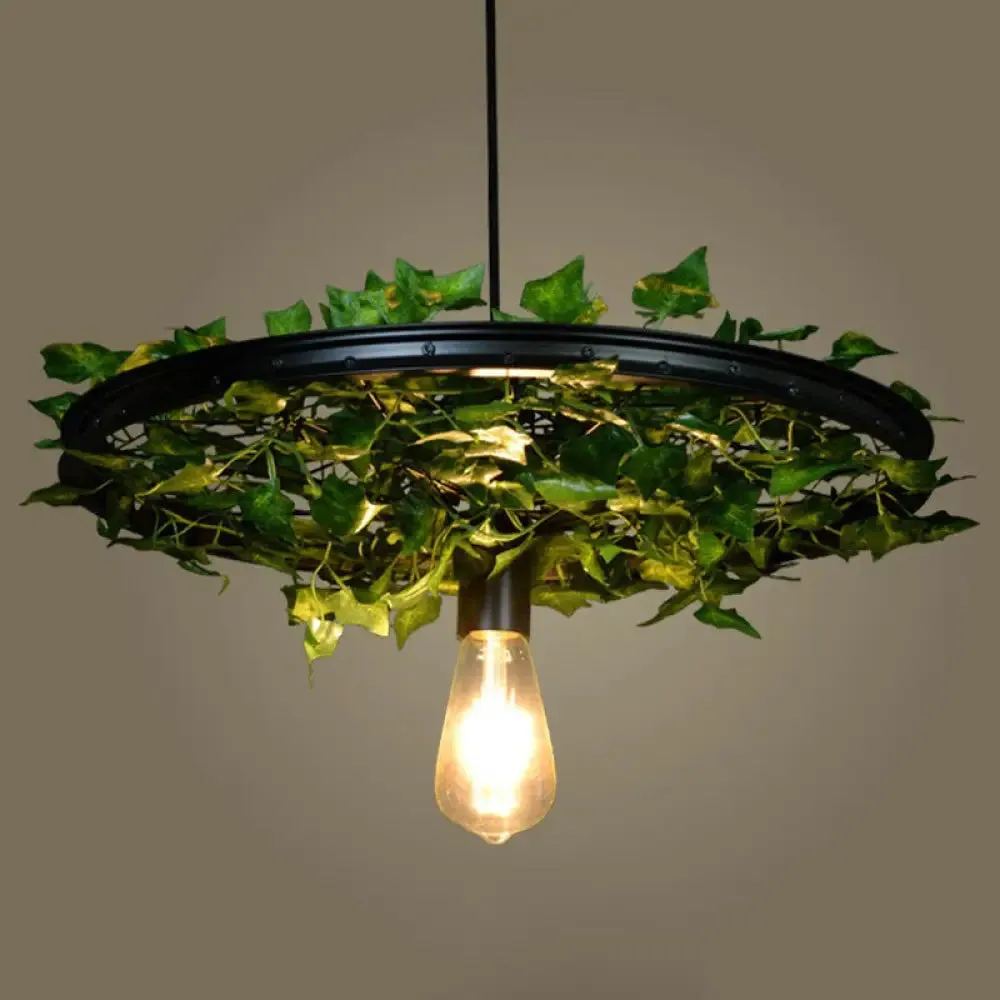 Rustic Wagon Wheel Pendant Light with Iron Suspension and Artistic Plant Design