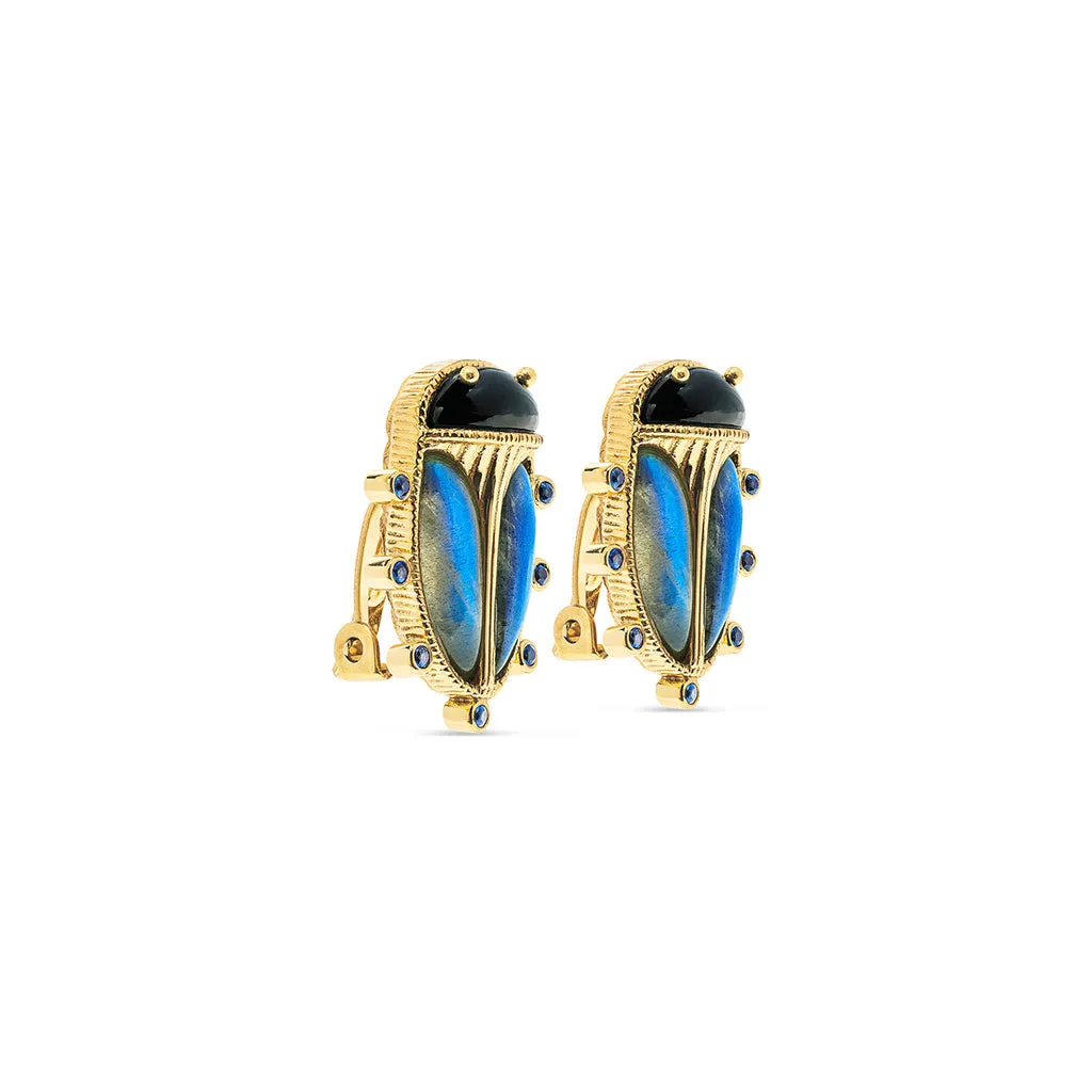 Scarab Clip Earrings - Blue Labradorite/Black Agate