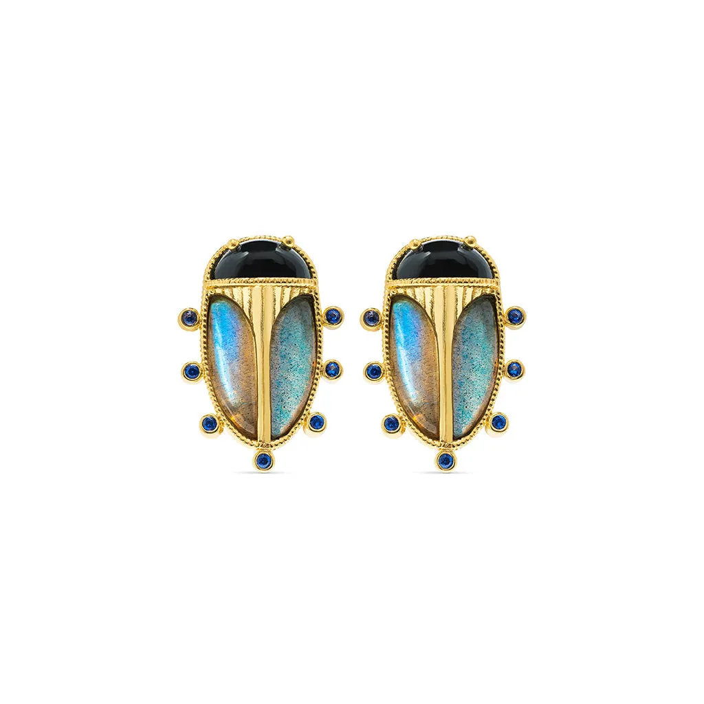 Scarab Clip Earrings - Blue Labradorite/Black Agate