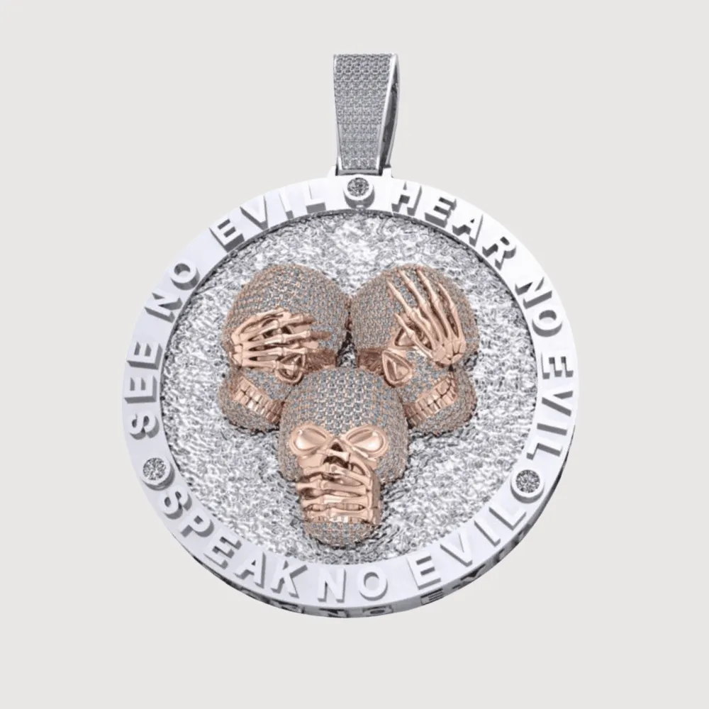 See No Evil, Hear No Evil, Speak No Evil Diamond Skull Pendant