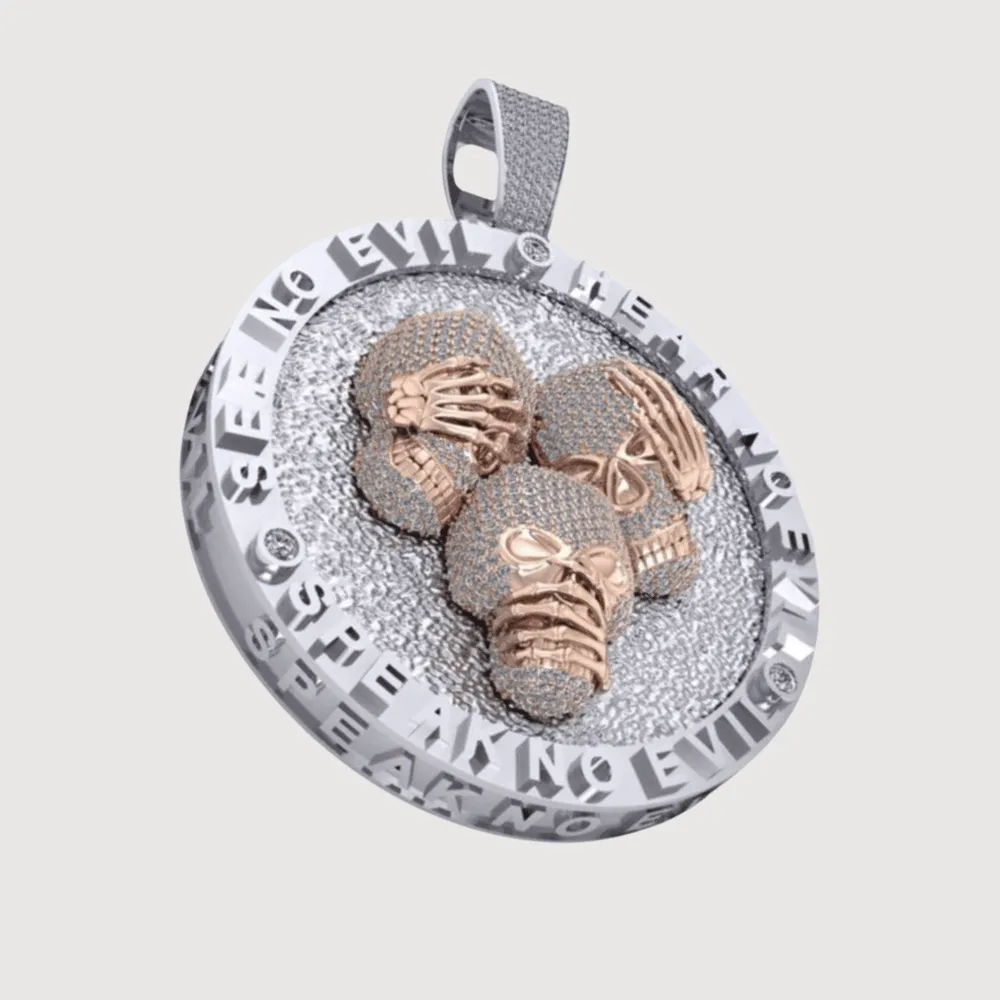 See No Evil, Hear No Evil, Speak No Evil Diamond Skull Pendant