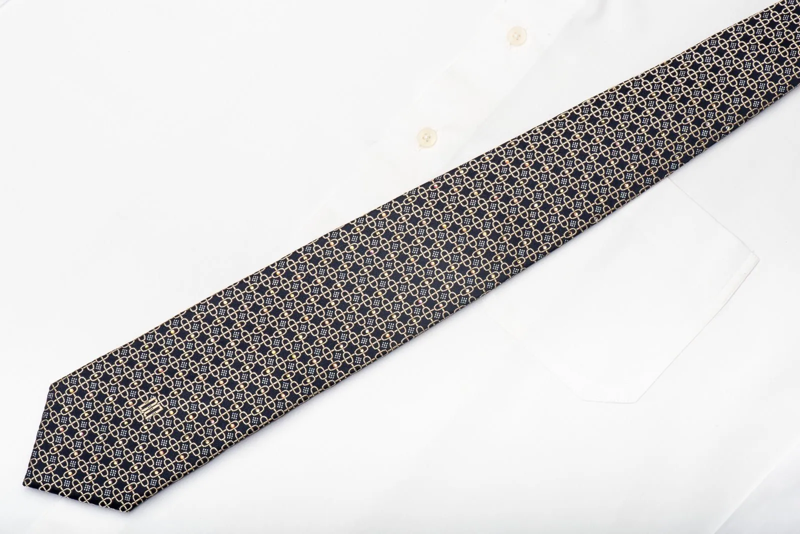 Silk Tie Gold Interlocking Chains On Navy Blue Sparkling With Rhinestones