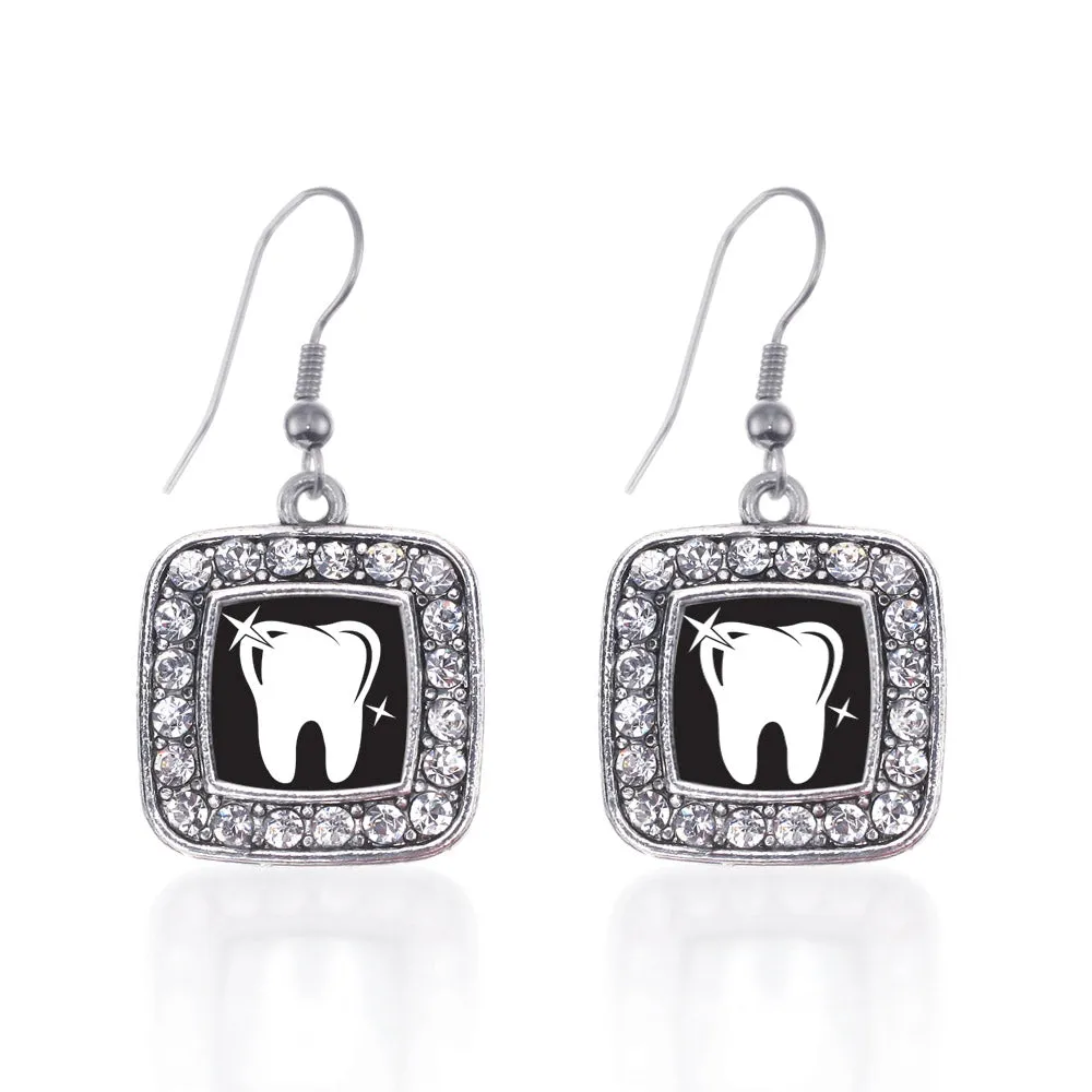 Silver Shiny Tooth Square Charm Dangle Earrings