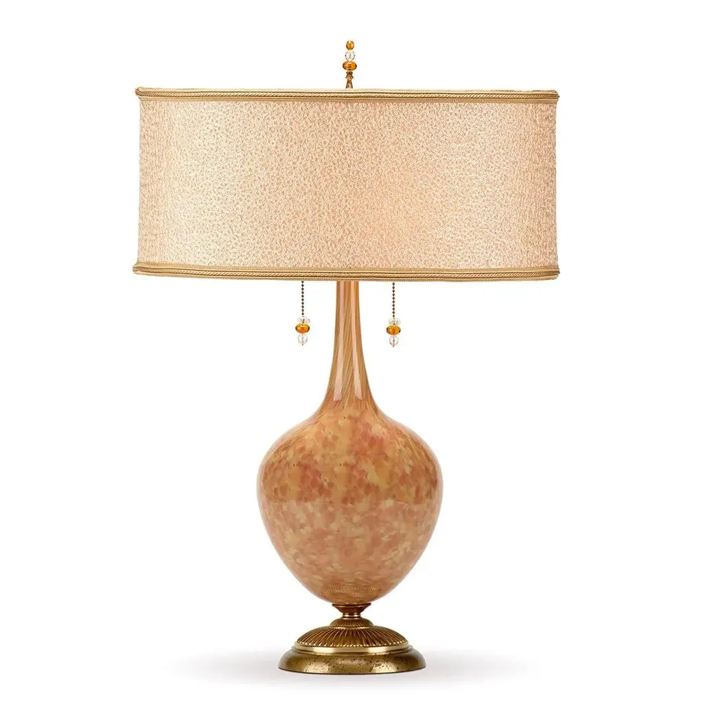 Stephanie Table Lamp 152 AJ 123 by Kinzig Design, Soft Golden Blown Glass, Textured Woven Fabric Over Gold Shade