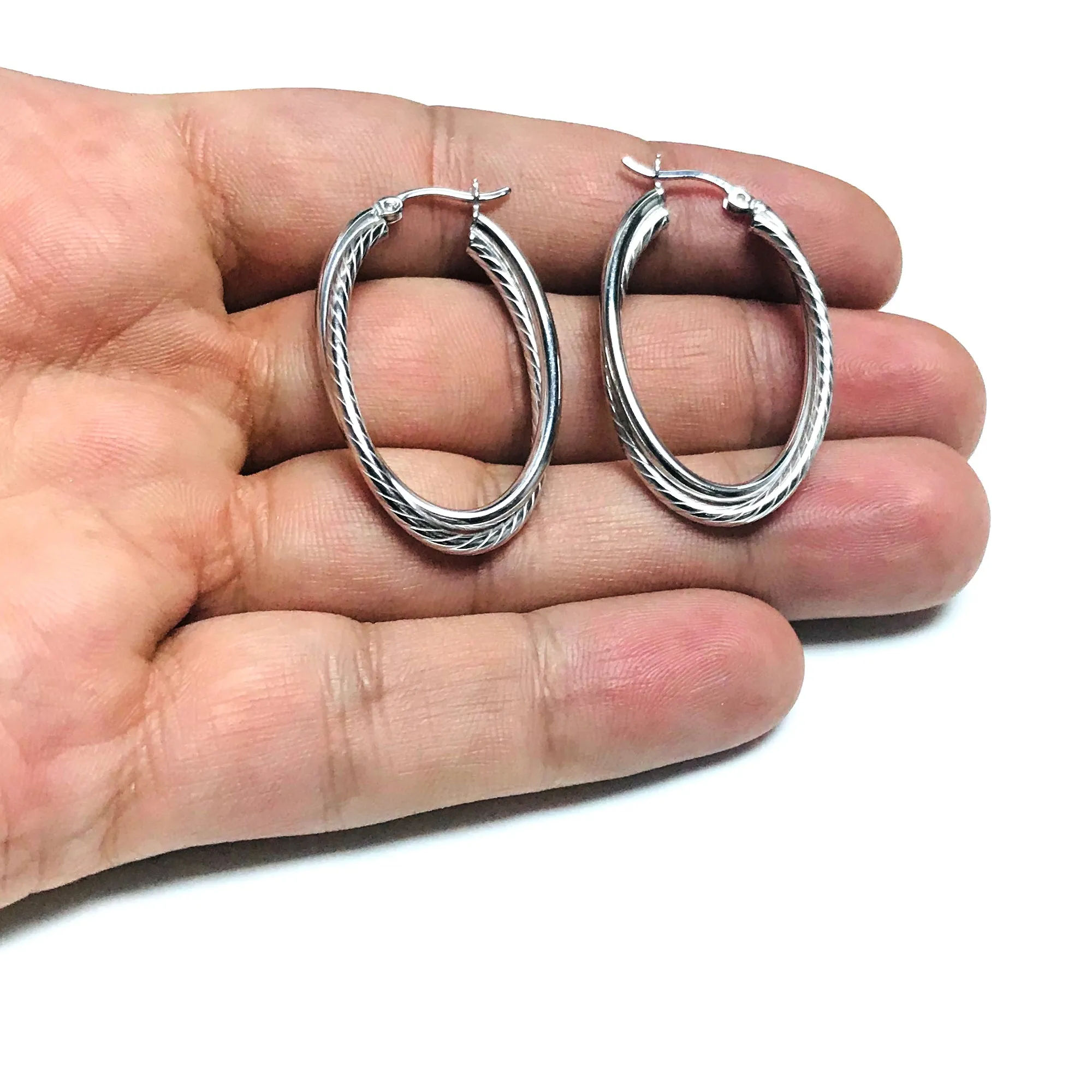 Sterling Silver Rhodium Plated Twisted Tube Oval Hoop Earrings, Diameter 35mm