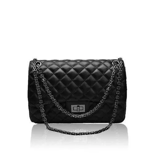 Stylish Chain and Checked Design Women's Shoulder Bag - Black