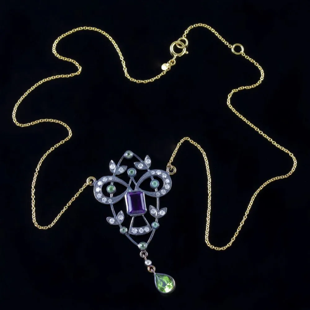 Suffragette Pendant Necklace 9Ct Gold Silver Amethyst Peridot Diamond