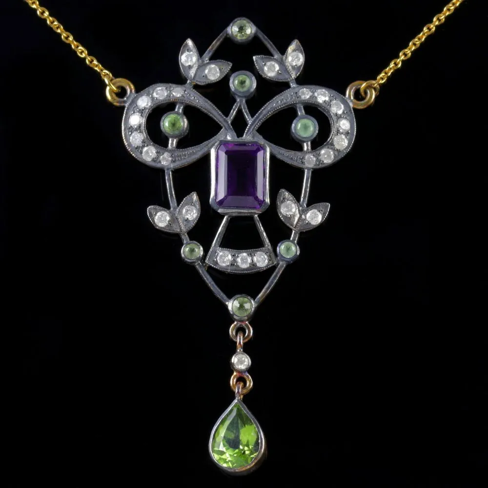 Suffragette Pendant Necklace 9Ct Gold Silver Amethyst Peridot Diamond