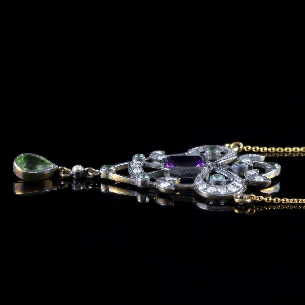 Suffragette Pendant Necklace 9Ct Gold Silver Amethyst Peridot Diamond