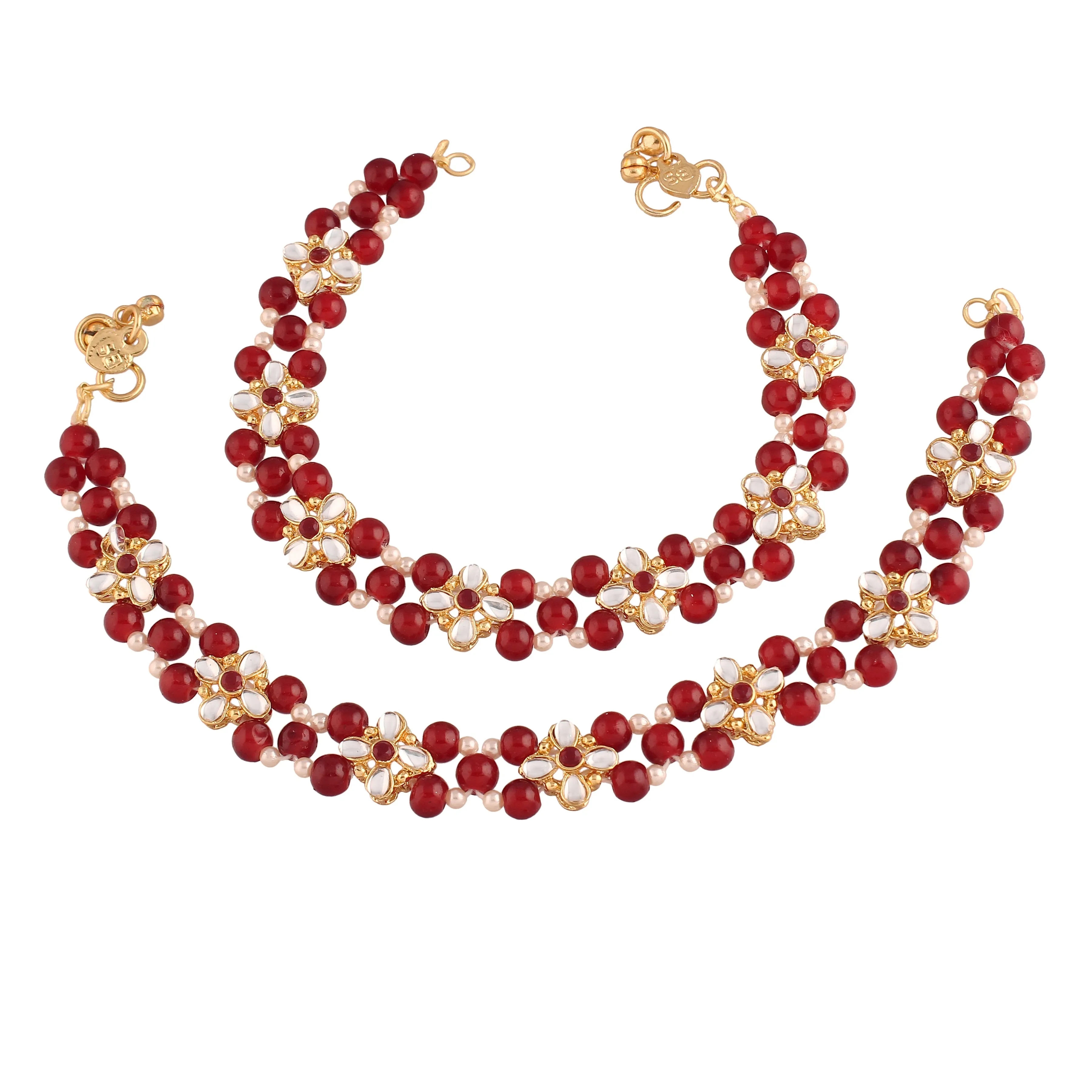 Traditional Gold Plated Encased With Faux Kundan & Pearls Adjustable Pair Of Bridal Maroon Anklets Payal For Women/Girls