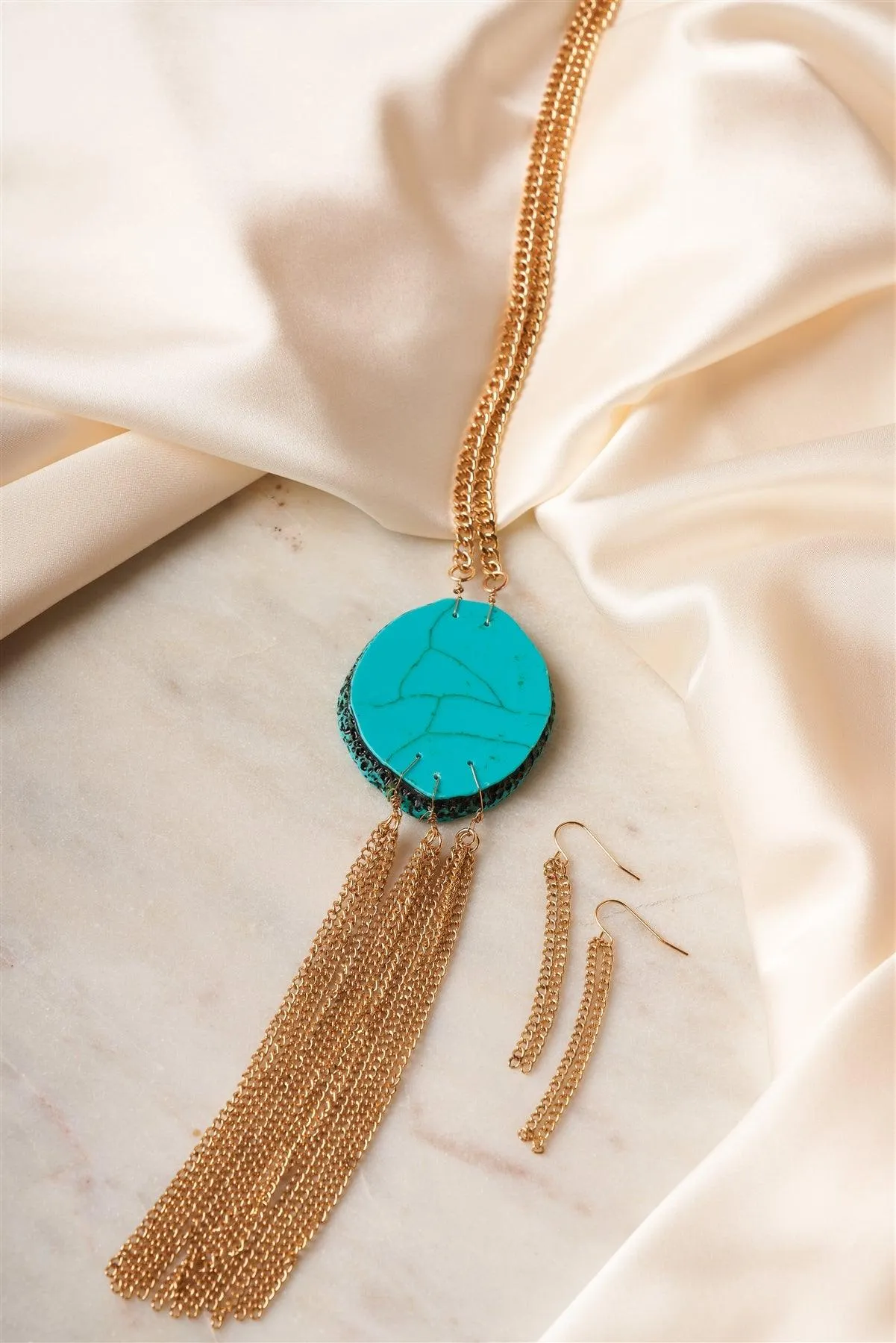 Turquoise Stone Metallic Tassel Necklace & Earrings Set /5 Sets