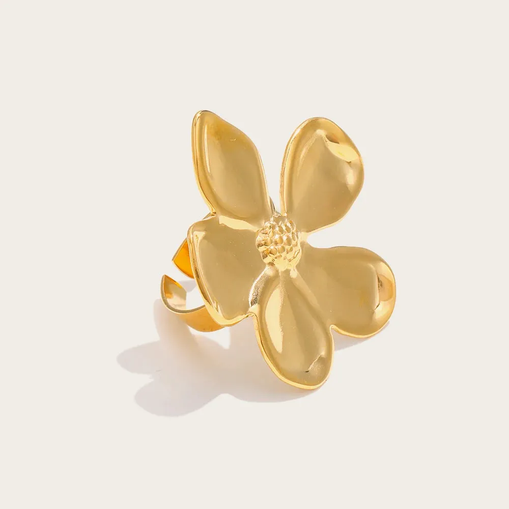 VAIGE Elegant Gold Plated Stainless Steel Floral Statement Ring in Silver and Gold