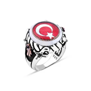 White Mother of Pearl Stone Rim Around Enameled Turkish Flag Circle Silver Men's Ring Siding Double Sword and Ribbon