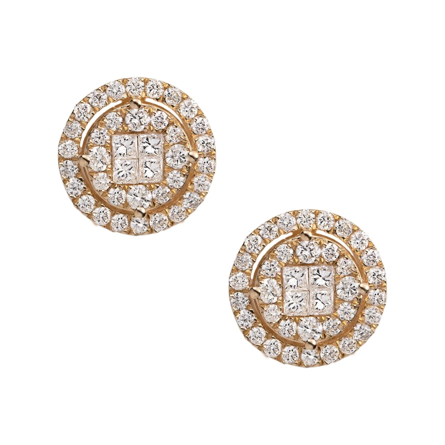 Women's Round Cluster Square Diamond Stud Earrings 1.35ct 14K Yellow Gold